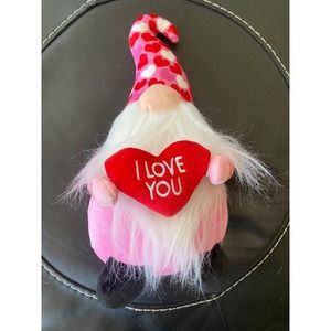 Valentines Day Plush Pink Gnome Soft Stuffed Toy 13" Decor Hearts I Love You